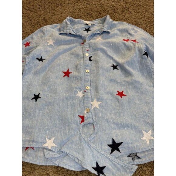 JOHN MARK 100% Linen Embroidered Navy Red White Stars Button Front Knot Boho S - Picture 4 of 9